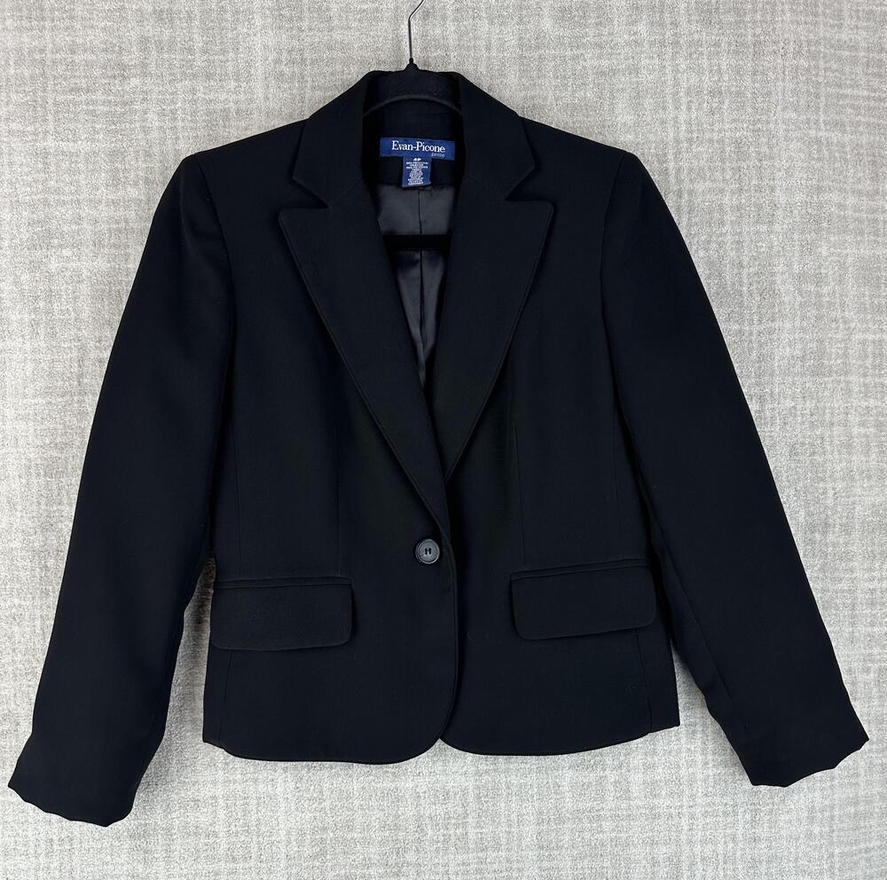 Evan Picone Blazer Womens 4P Black Short Collared Lined Pockets Single-Breasted